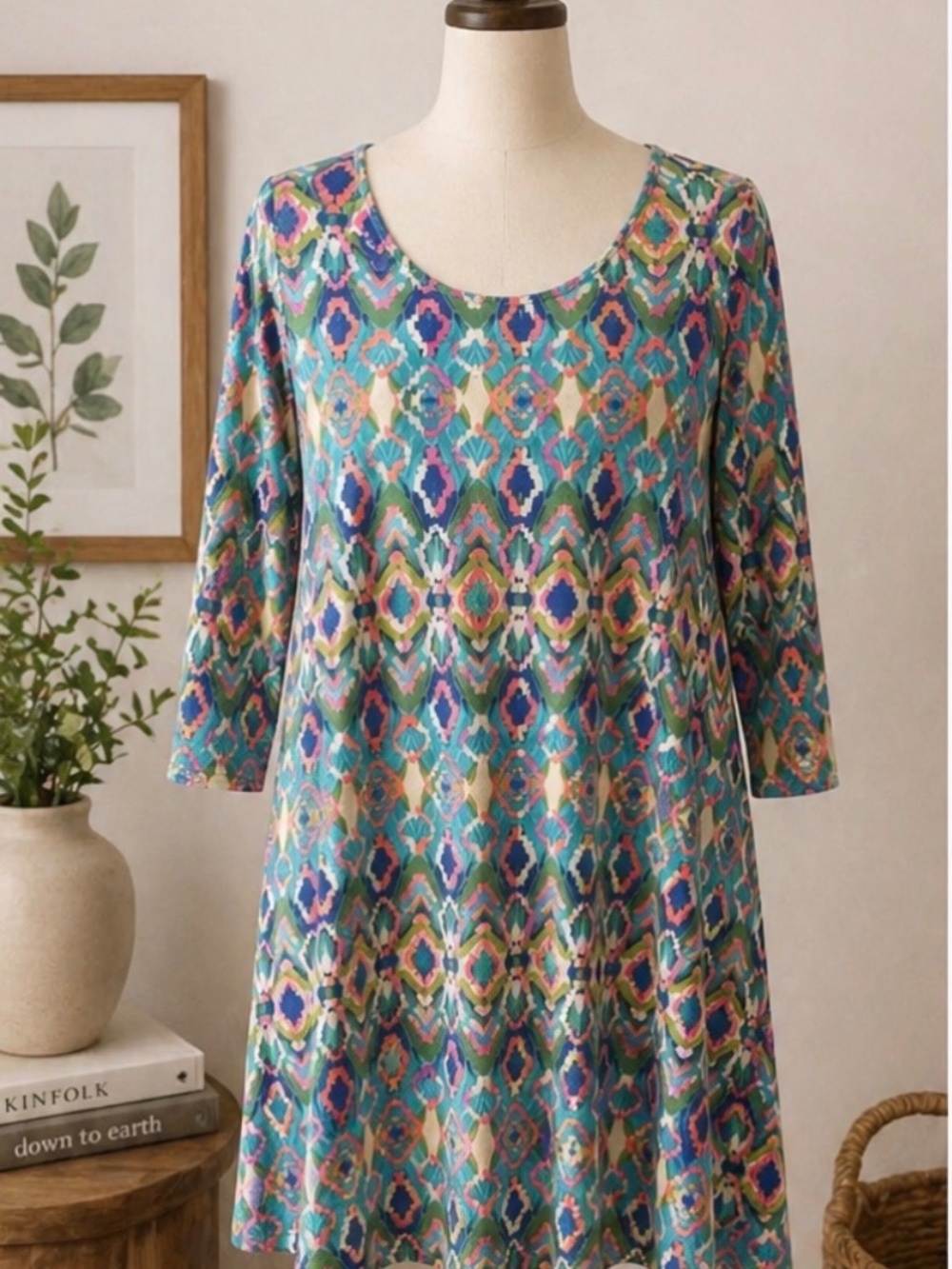 Liz Claiborne Dress Medium Multicolor Geometric Print A-Line 3/4 Sleeve